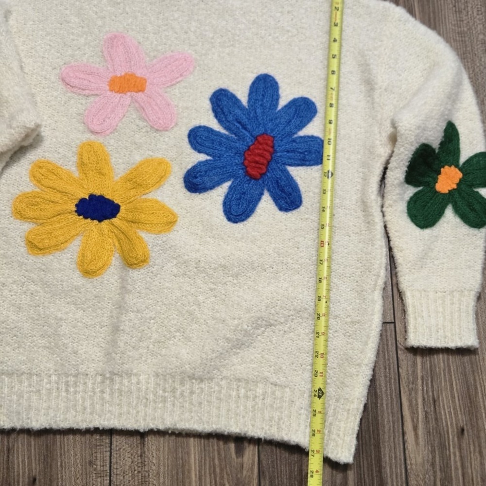 Cream Mock Neck Sweater 3D Flower Applique Knit Top Women's 2XL - Picture 4 of 8